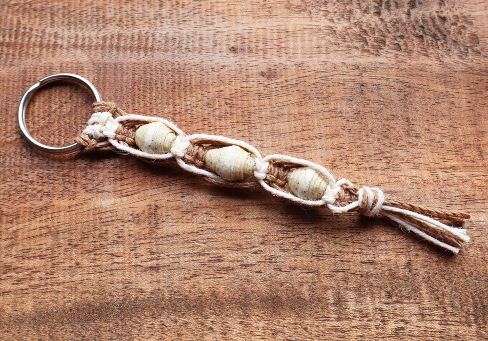 Macrame Triple Bead Keyring Beige