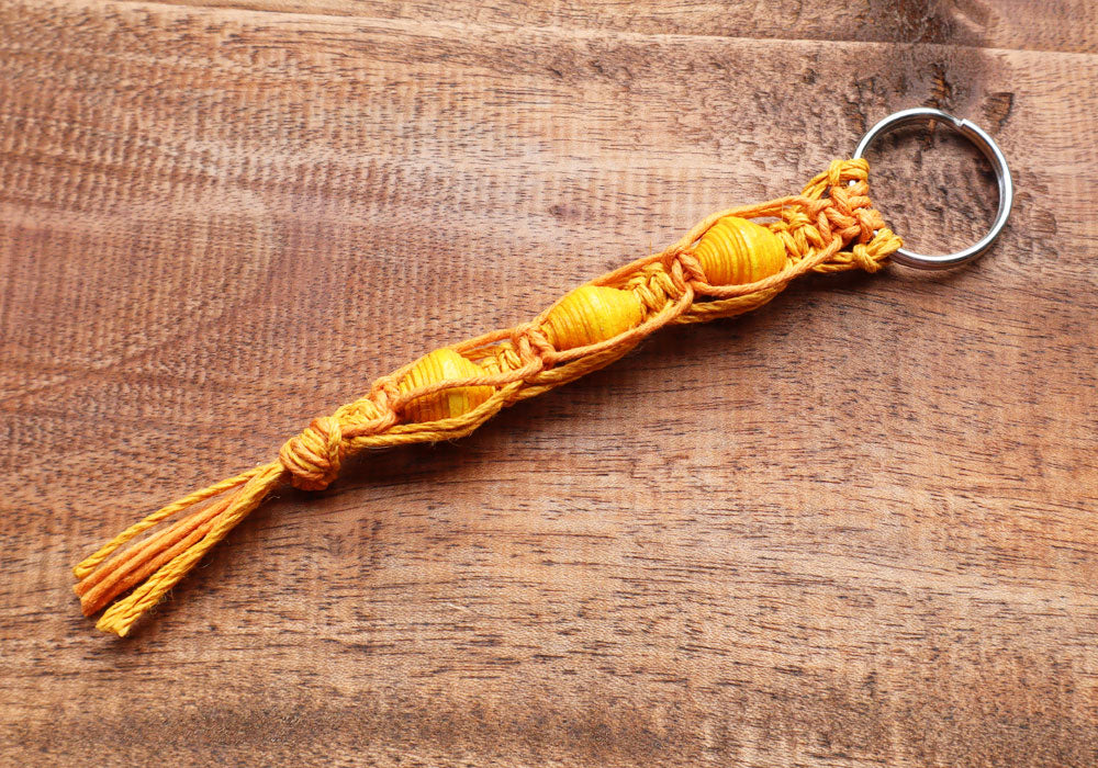 Macrame Triple Bead Keyring Gold