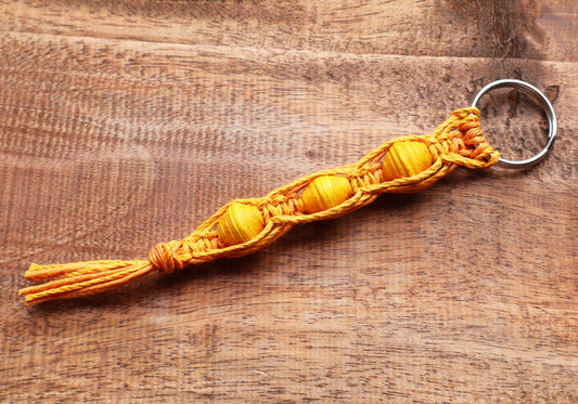 Macrame Triple Bead Keyring Gold