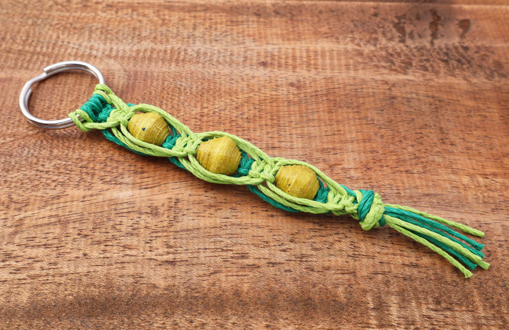 Macrame Triple Bead Keyring Lime Green