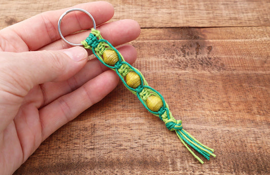 Macrame Triple Bead Keyring Lime Green