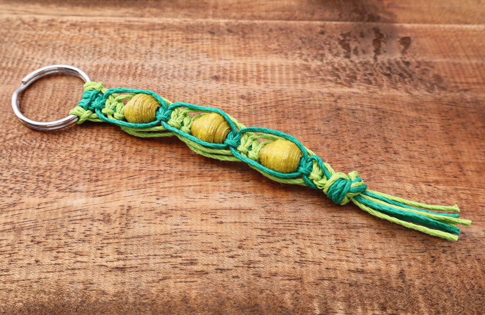 Macrame Triple Bead Keyring Lime Green