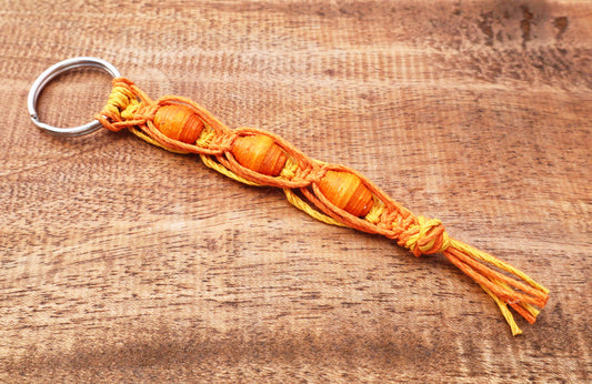 Macrame Triple Bead Keyring Orange Gold