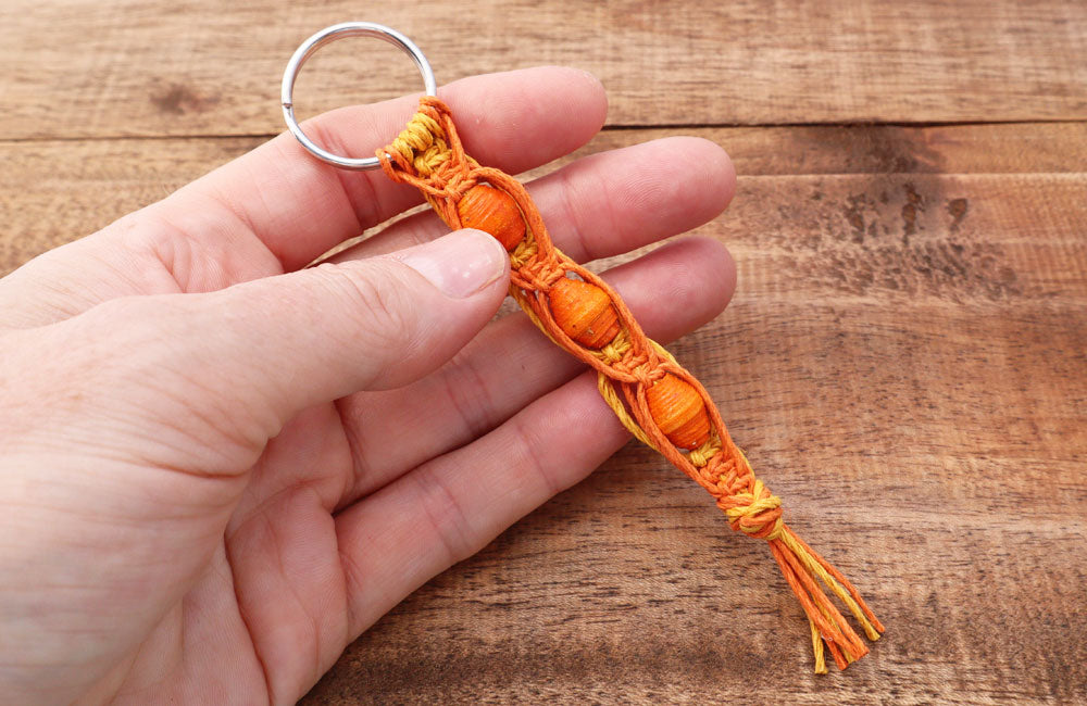 Macrame Triple Bead Keyring Orange Gold