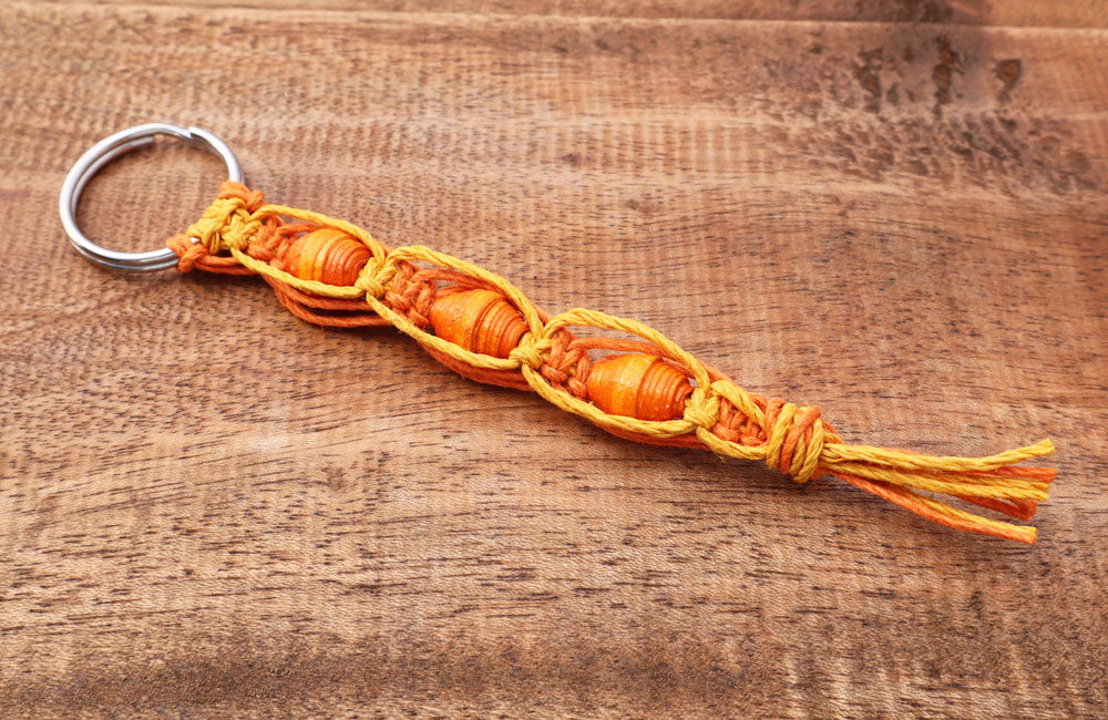 Macrame Triple Bead Keyring Orange Gold