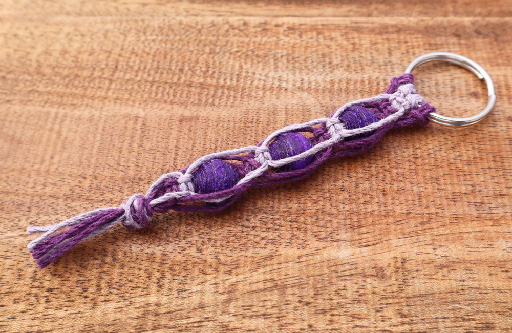 Macrame Triple Bead Keyring Purple