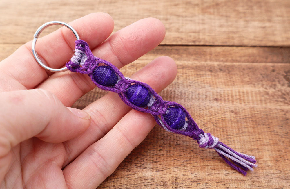 Macrame Triple Bead Keyring Purple