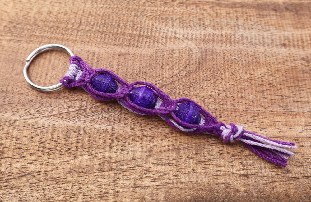 Macrame Triple Bead Keyring Purple