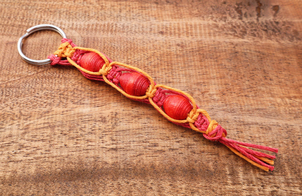 Macrame Triple Bead Keyring Red Orange