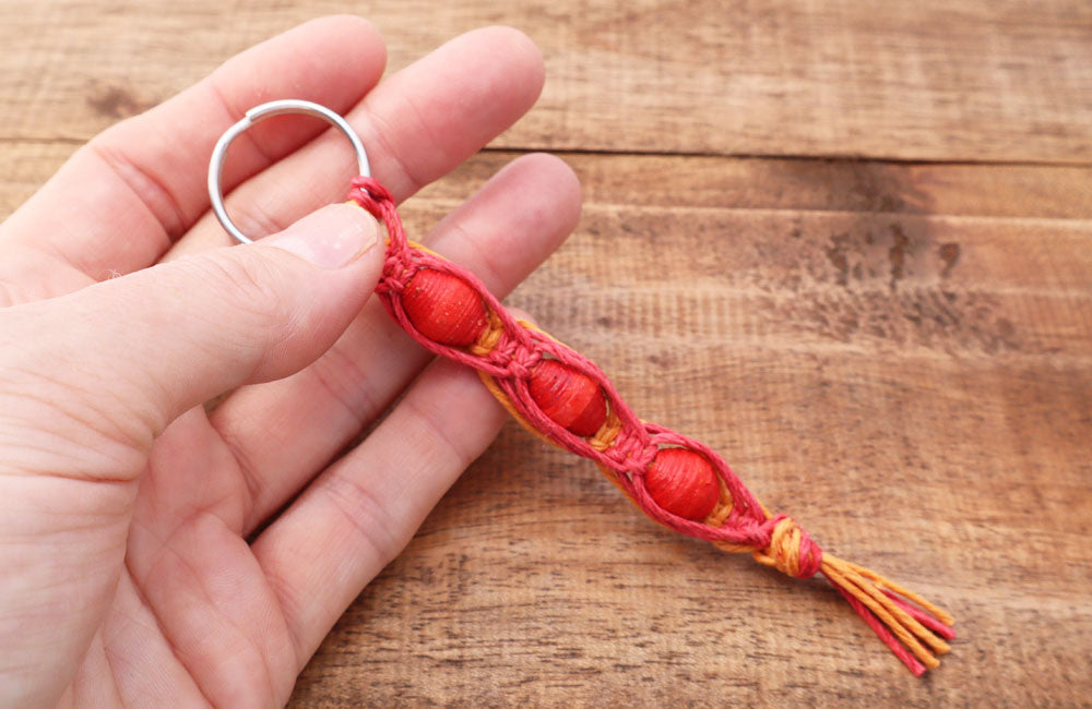 Macrame Triple Bead Keyring Red Orange