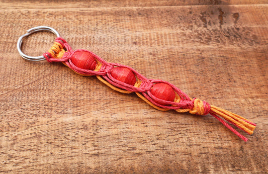 Macrame Triple Bead Keyring Red Orange