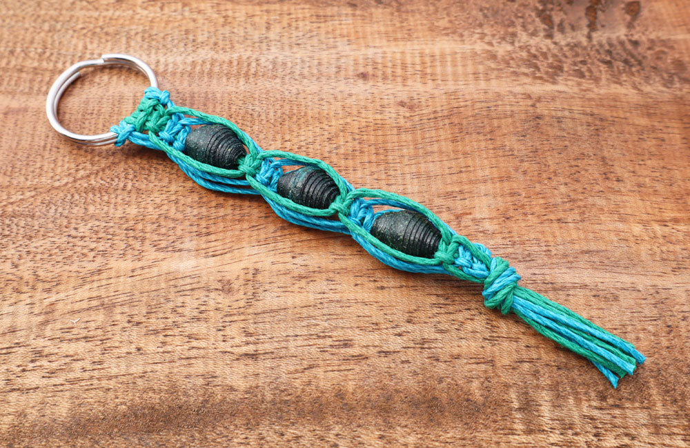 Macrame Triple Bead Keyring Turquoise