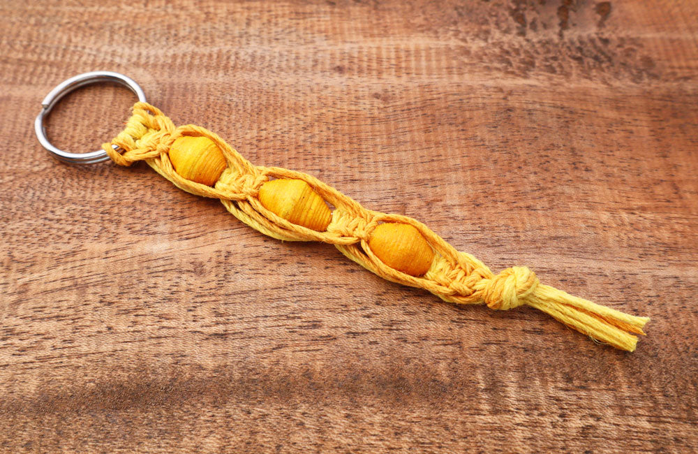 Macrame Triple Bead Keyring Yellow Gold