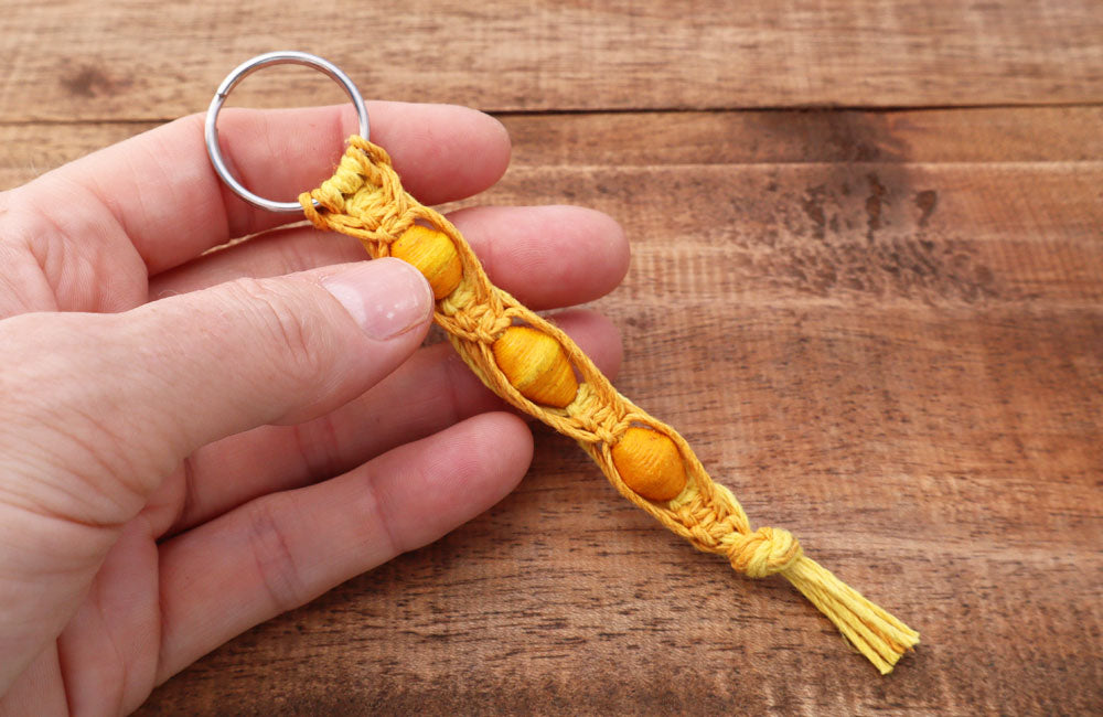 Macrame Triple Bead Keyring Yellow Gold