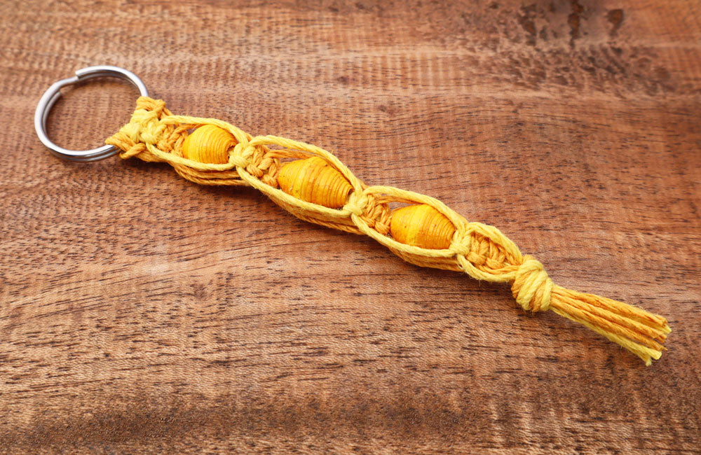 Macrame Triple Bead Keyring Yellow Gold