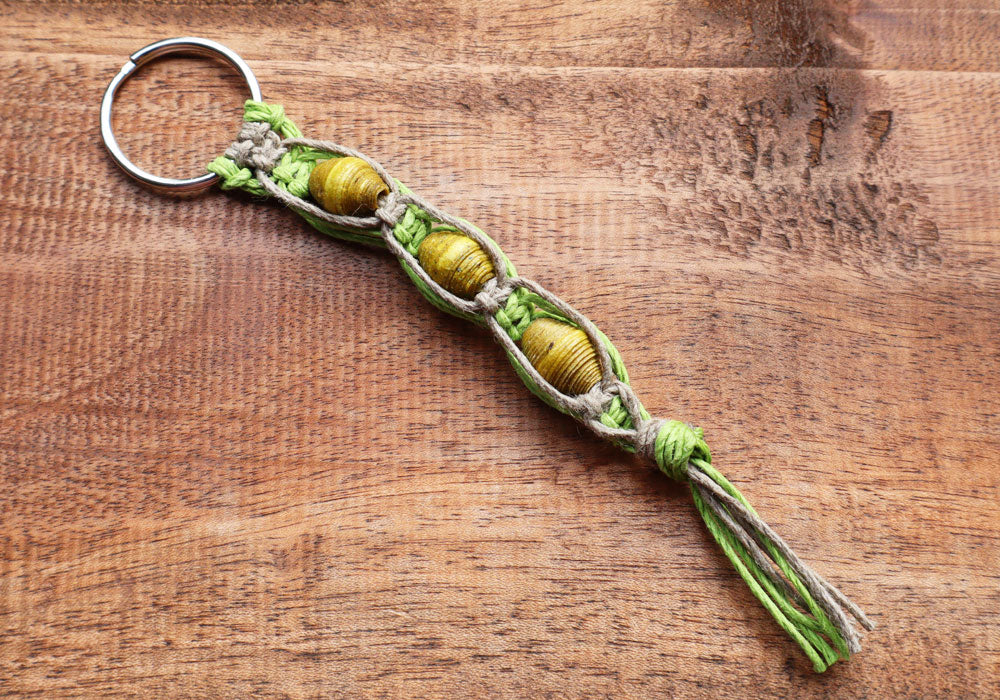 Macrame Triple Bead Keyring Lime Grey