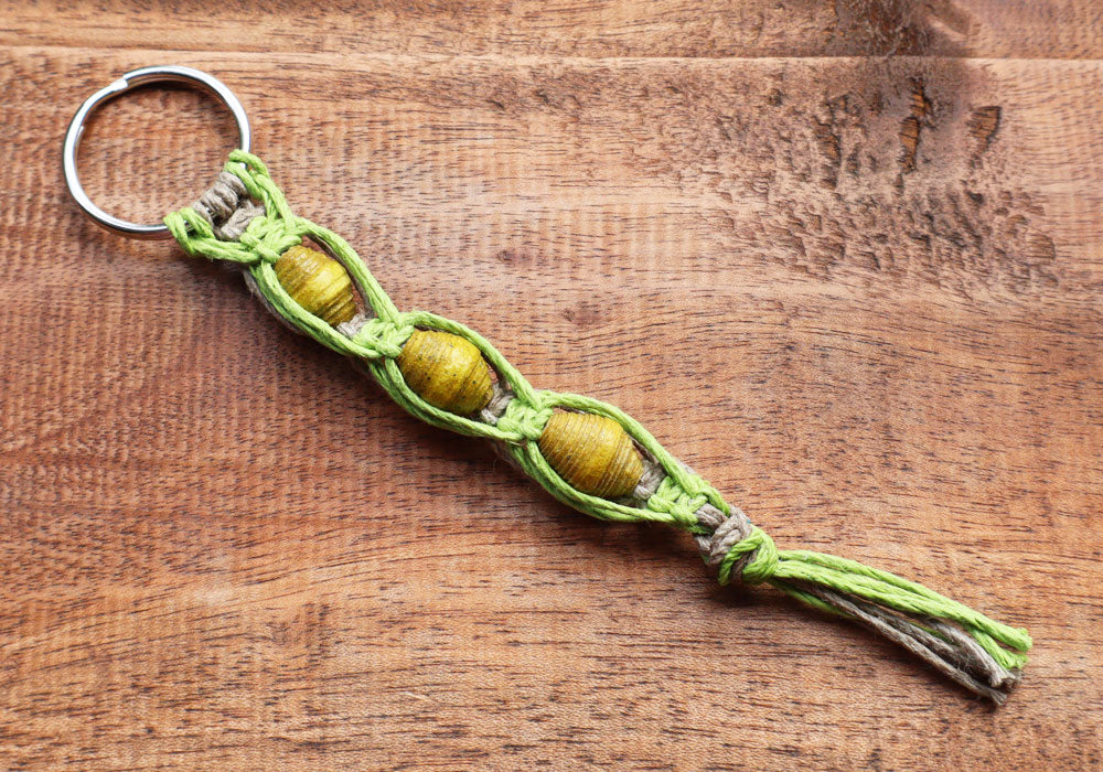 Macrame Triple Bead Keyring Lime Grey