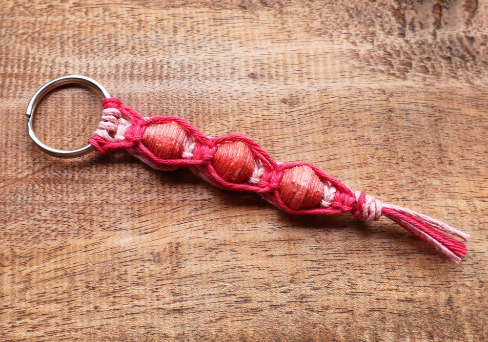 Macrame Triple Bead Keyring Pink