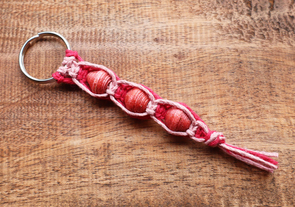 Macrame Triple Bead Keyring Pink